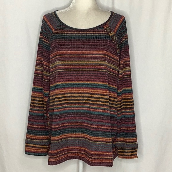 Always Indigo Striped Ribbed Knit Long Sleeve Top With Button Detail Size 3X - Picture 13 of 13